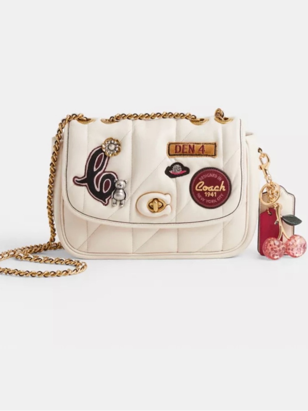 Coach Cream Pillow Quilted Madison Crossbody with Gold Chain and Cherry Charm
